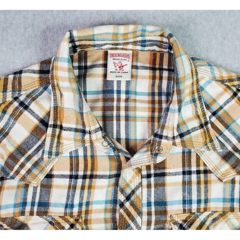 True Religion Shirt Tag Size XXXL Fits 2XL Brown Blue Plaid Pearl Snap Flannel